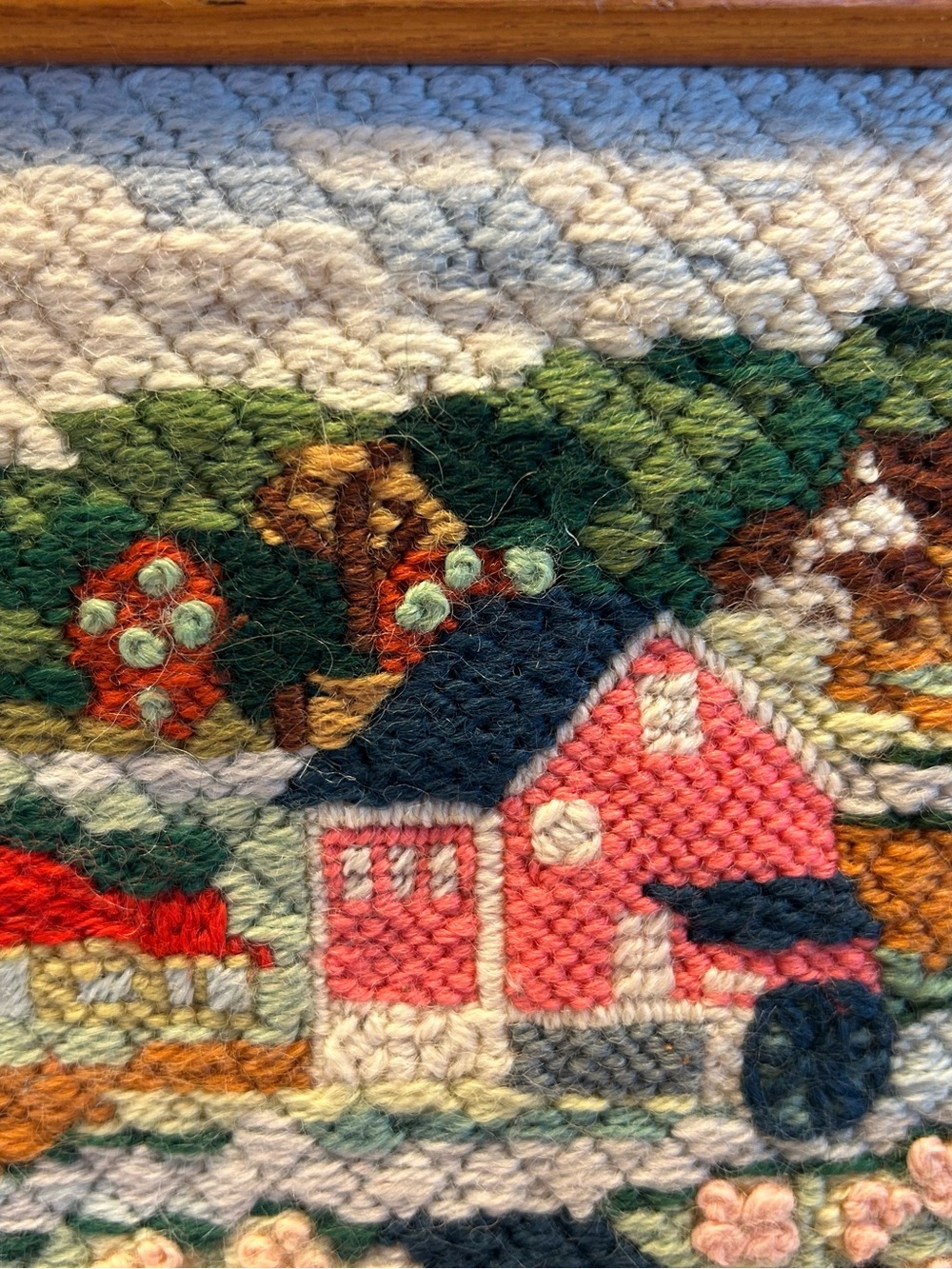 Vintage Handcrafted Hooked Rug Wall Art - Countryside Scene. Teak wood frame - Picture 4 of 12